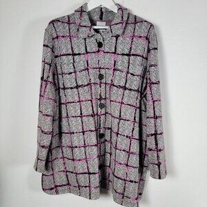 Nic+Zoe Womens Plaid Button-Down Cardigan Jacket 2X Black/Pink Cotton Pockets